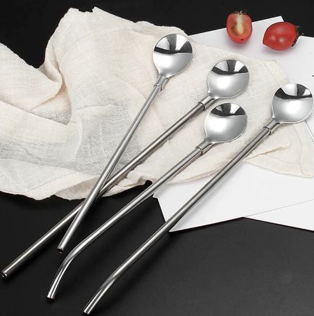 4 PCS SET Stainless Steel Spoon with Straw Reusable Spoon Cocktail Stirrers for Drinks Drinking Straw