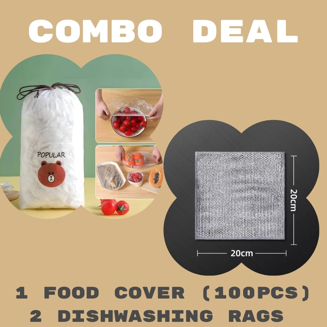 Combo Deal Disposable Food Cover Plastic Wrap 100 Pcs + 2 Pcs Dishwashing Rug | Reusable elastic food storage covers &amp; Metal Wire Dish Washing Rugs For Kitchen