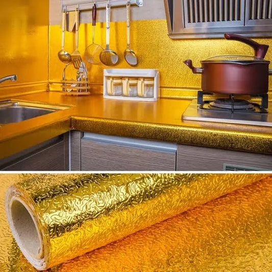 (Size: 60*2m) - Golden Foil Kitchen Wallpaper Stickers, Peel &amp; Stick Aluminum Foil Wall Paper, Self-Adhesive Oil Proof Waterproof Sticker for Kitchen