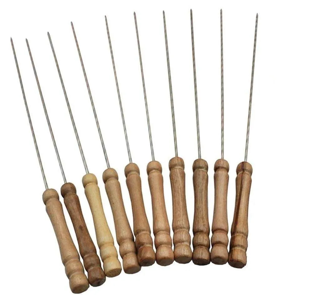 Barbecue Skewers Set - Stainless Steel Wood Handle Kabab stick BBQ Kabob Sticks pack of 10